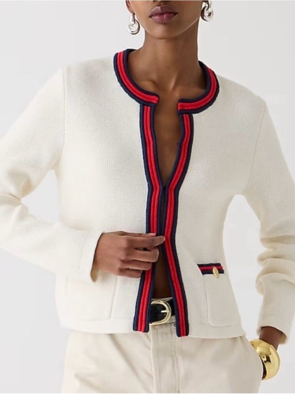 J. Crew Cream Cardigan with Red & Navy Trim